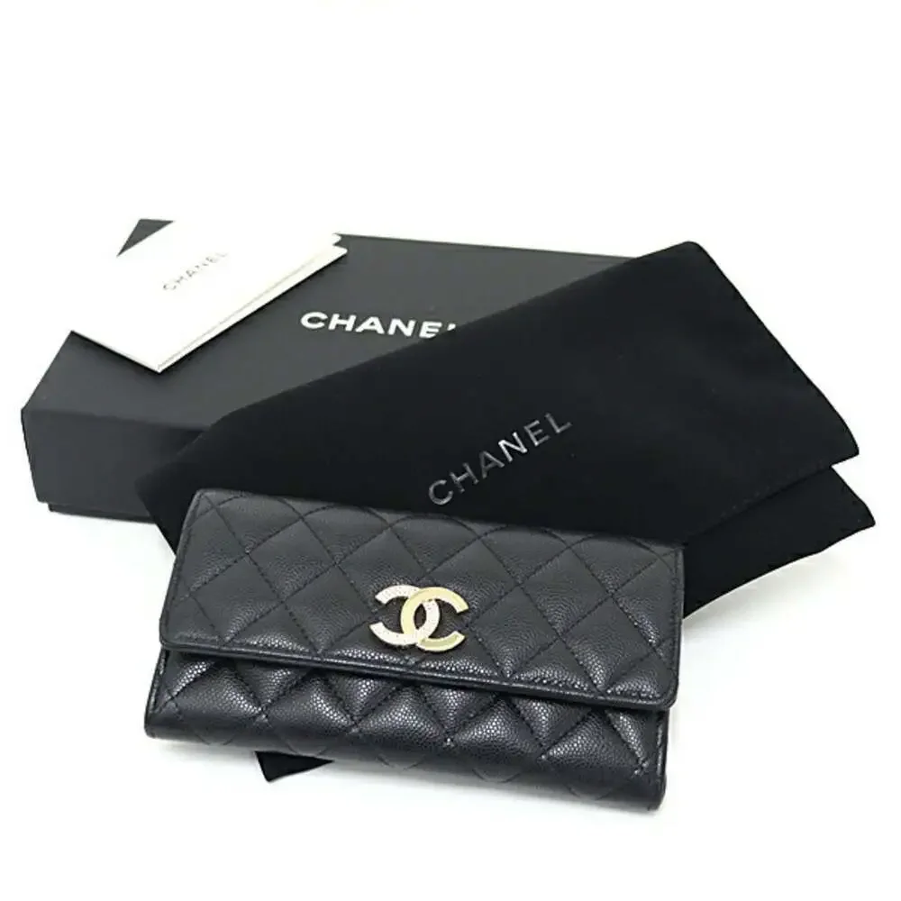 CHANEL Authentic Black Caviar Leather Logo Wallet